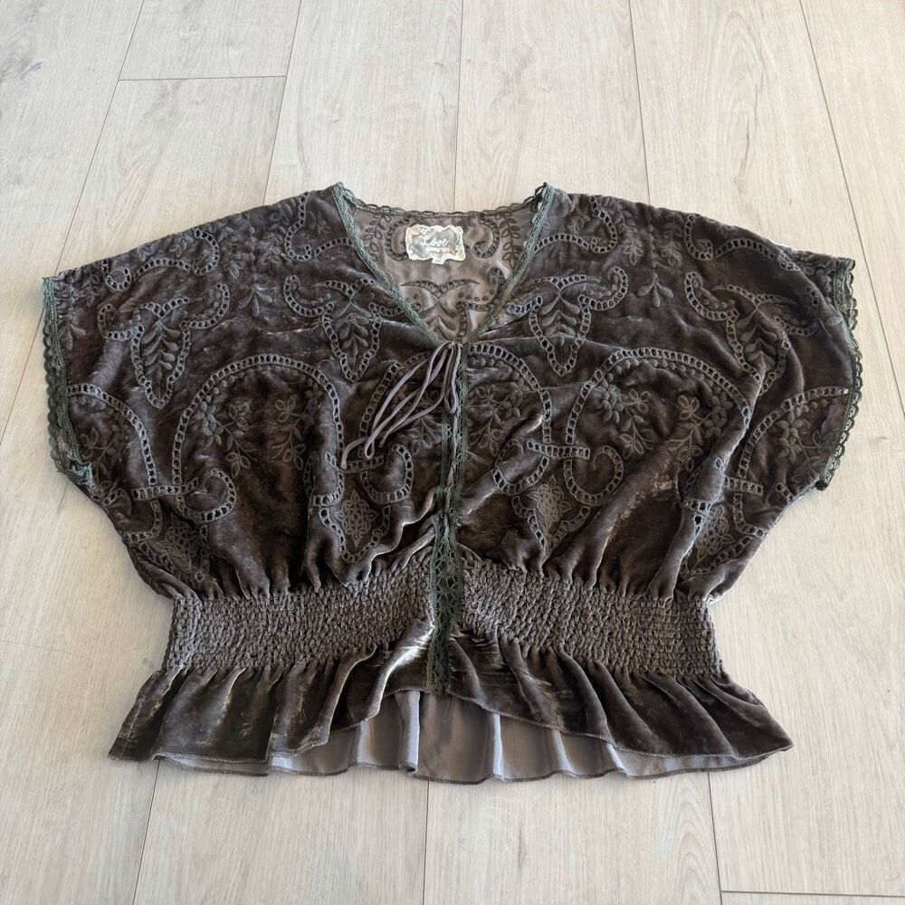 Johnny Was Love Silk Blend Velvet Eyelet Lace Top Sz XL Ruched Boho Top